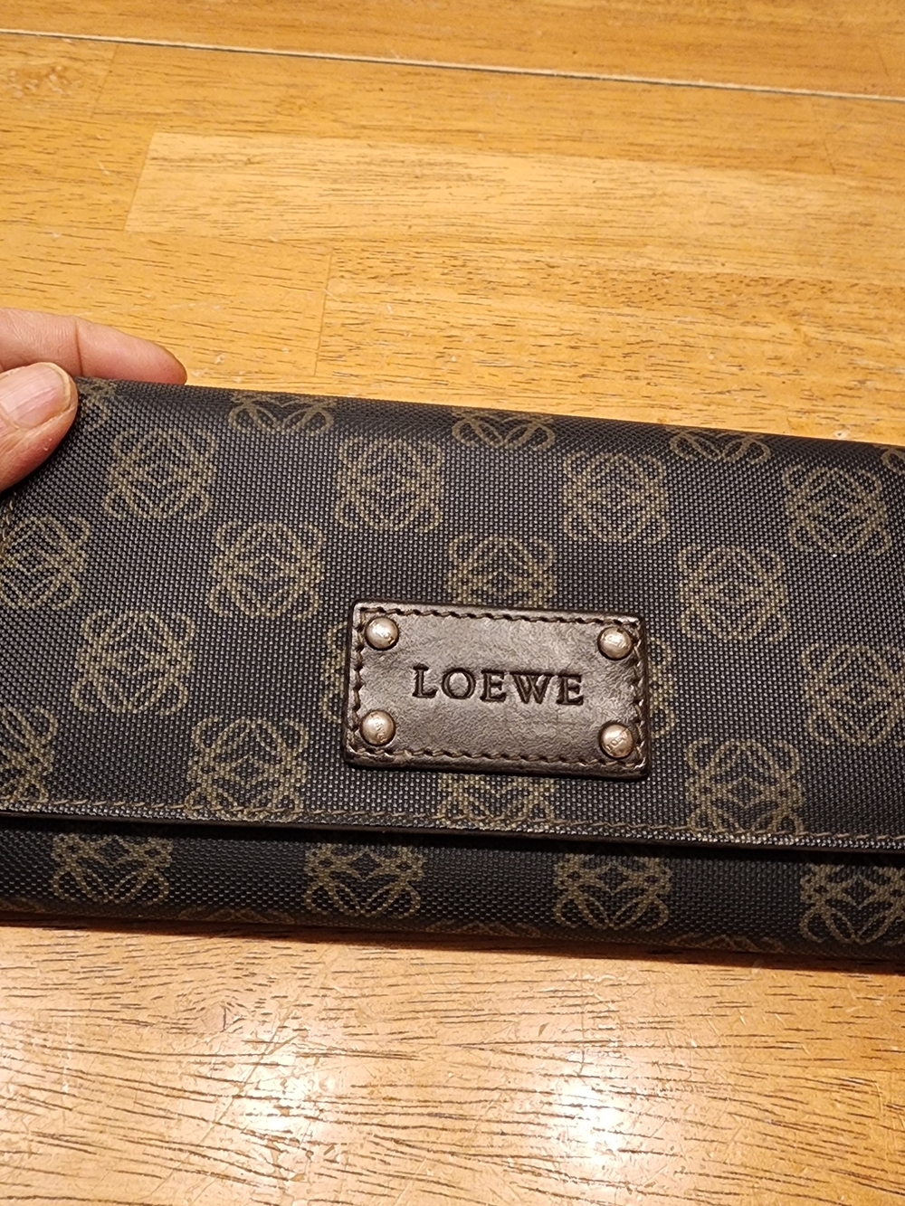 vintage Loewe long canvas wallet featuring the brand's anagram monogram pattern
